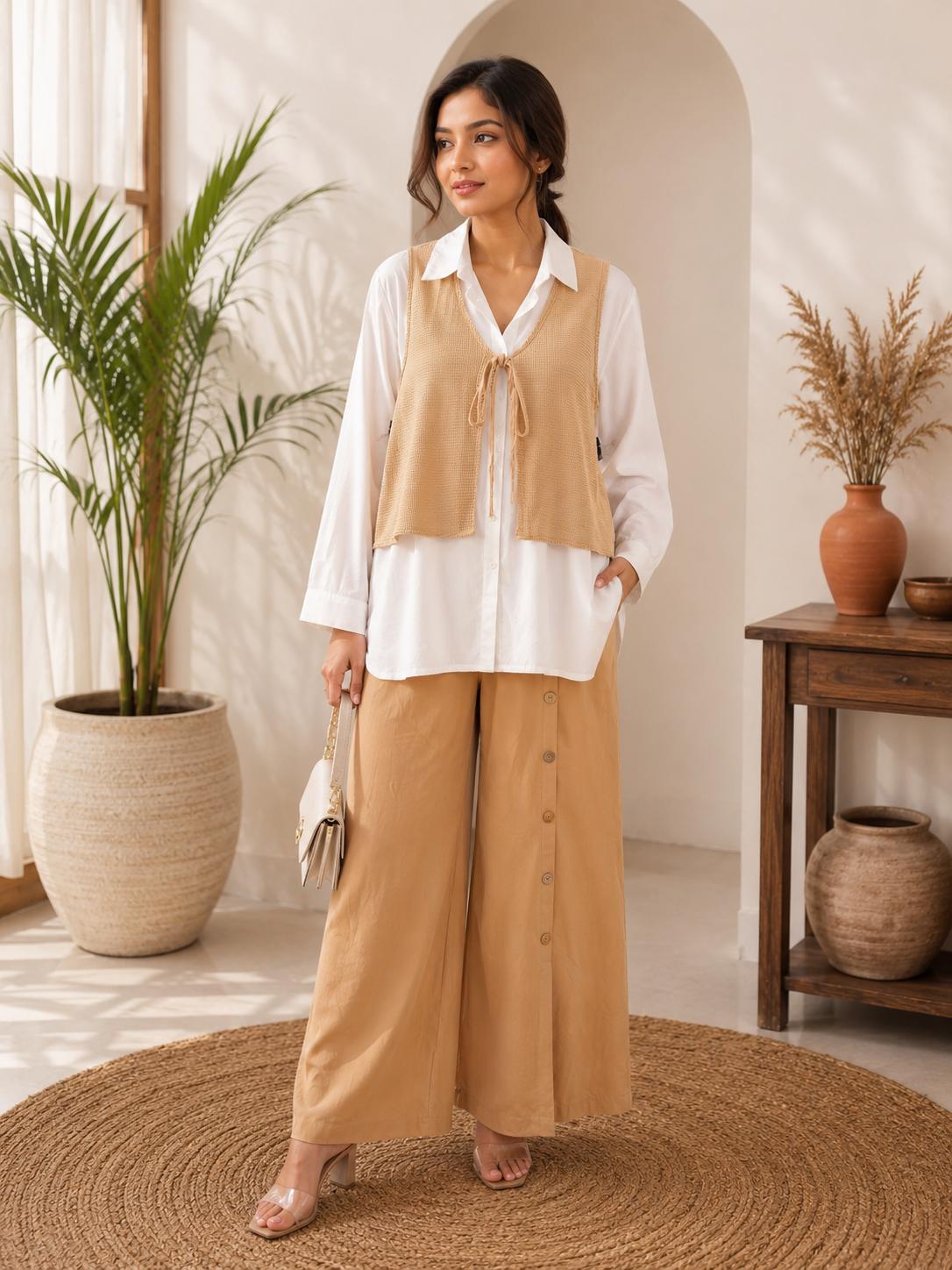 White & Camel Textured Vest Shirt Layered Top & Button-Front Wide-Leg Pants Co-Ord Set