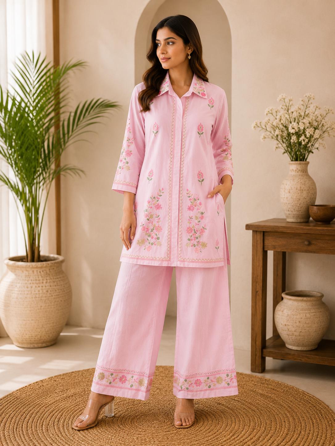Blush Pink Floral Embroidered Shirt Top & Wide-Leg Pants Co-Ord Set