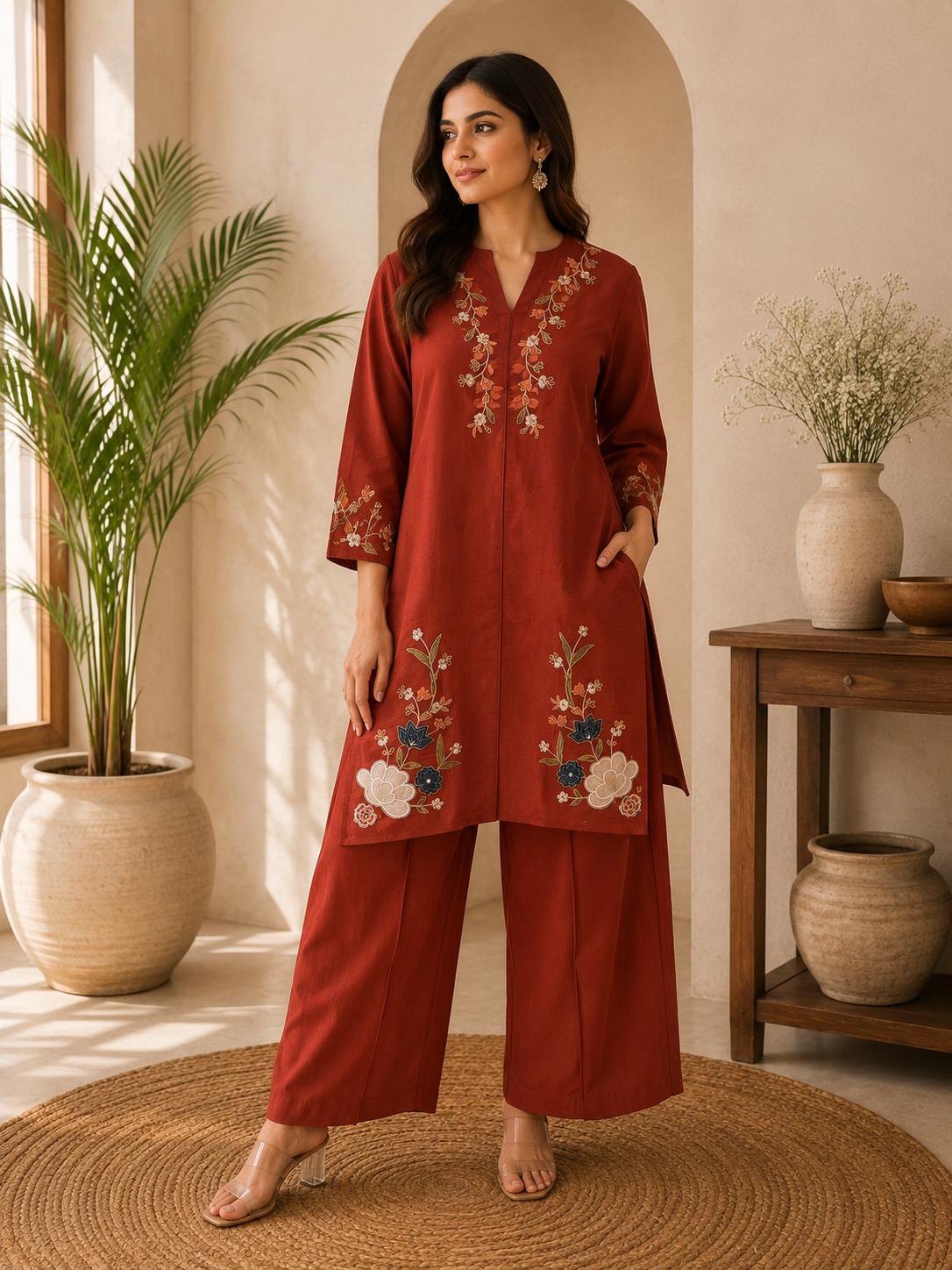 Rust Red Floral Embroidered V-Neck Tunic & Wide-Leg Pants Co-Ord Set