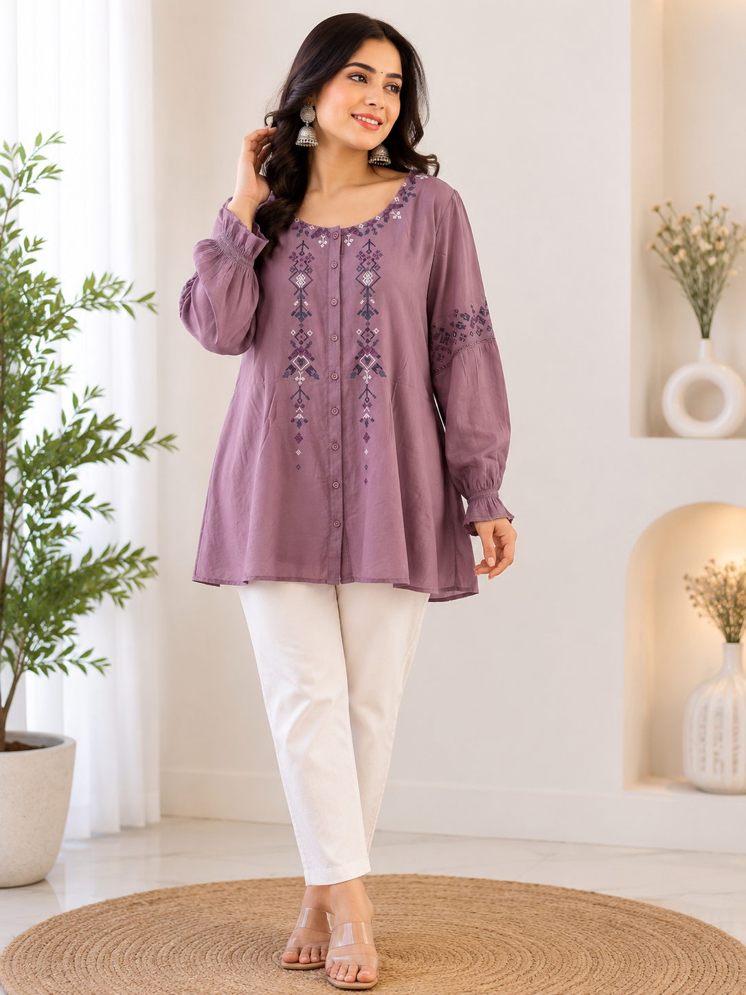 Mauve Purple Embroidered Button-Down Tunic