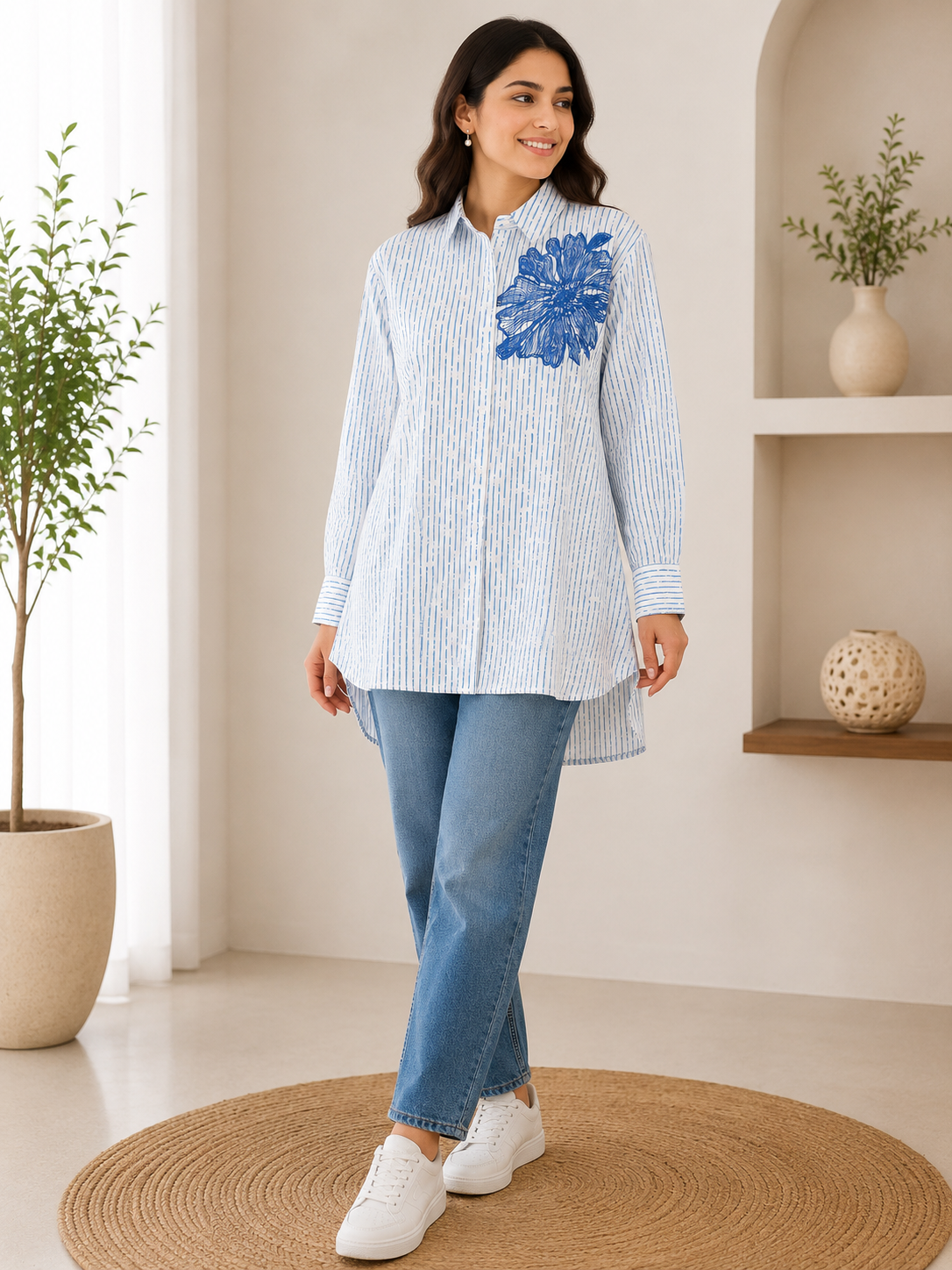 Light Blue Pinstripe Floral Applique Shirt Tunic
