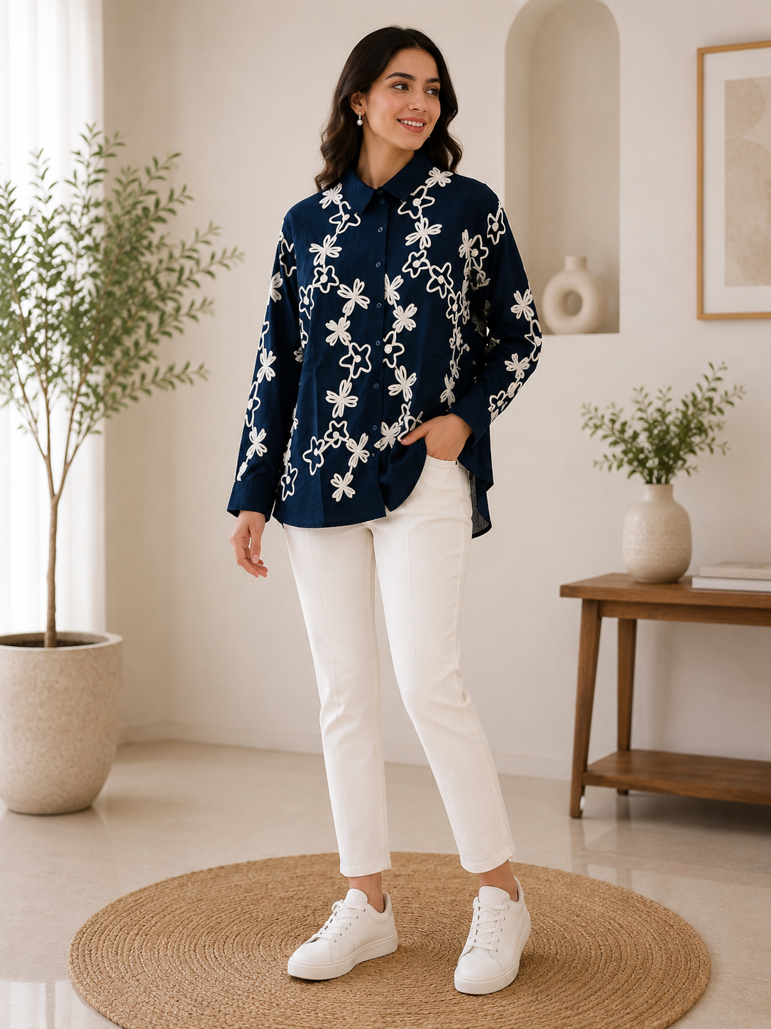 Navy Blue Floral Chain Print Shirt Tunic