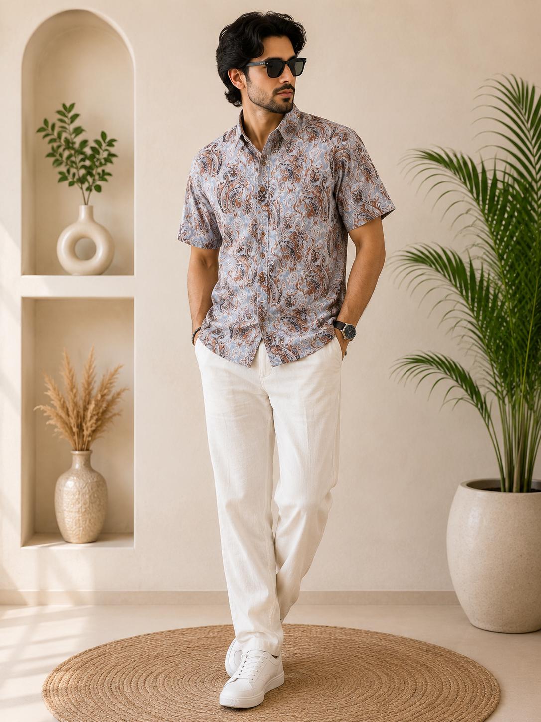 Men's Blue Grey Large Paisley Sanganeri Block Print Half Sleeve Shirt