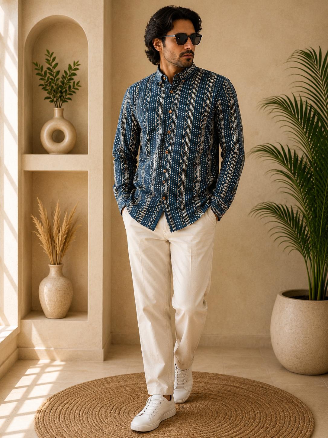 Men's Navy Teal Blue Beige Geometric Stripe Kantha Sanganeri Block Print Full Sleeve Shirt
