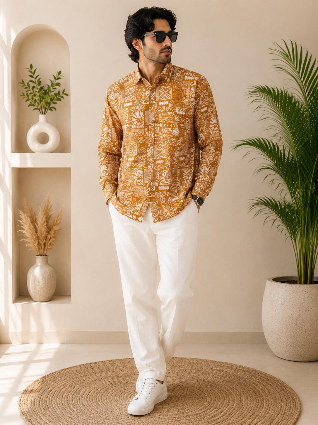 Men's Ochre Yellow Tribal Geometric Tile Sanganeri Block Print Full Sleeve Shirt
