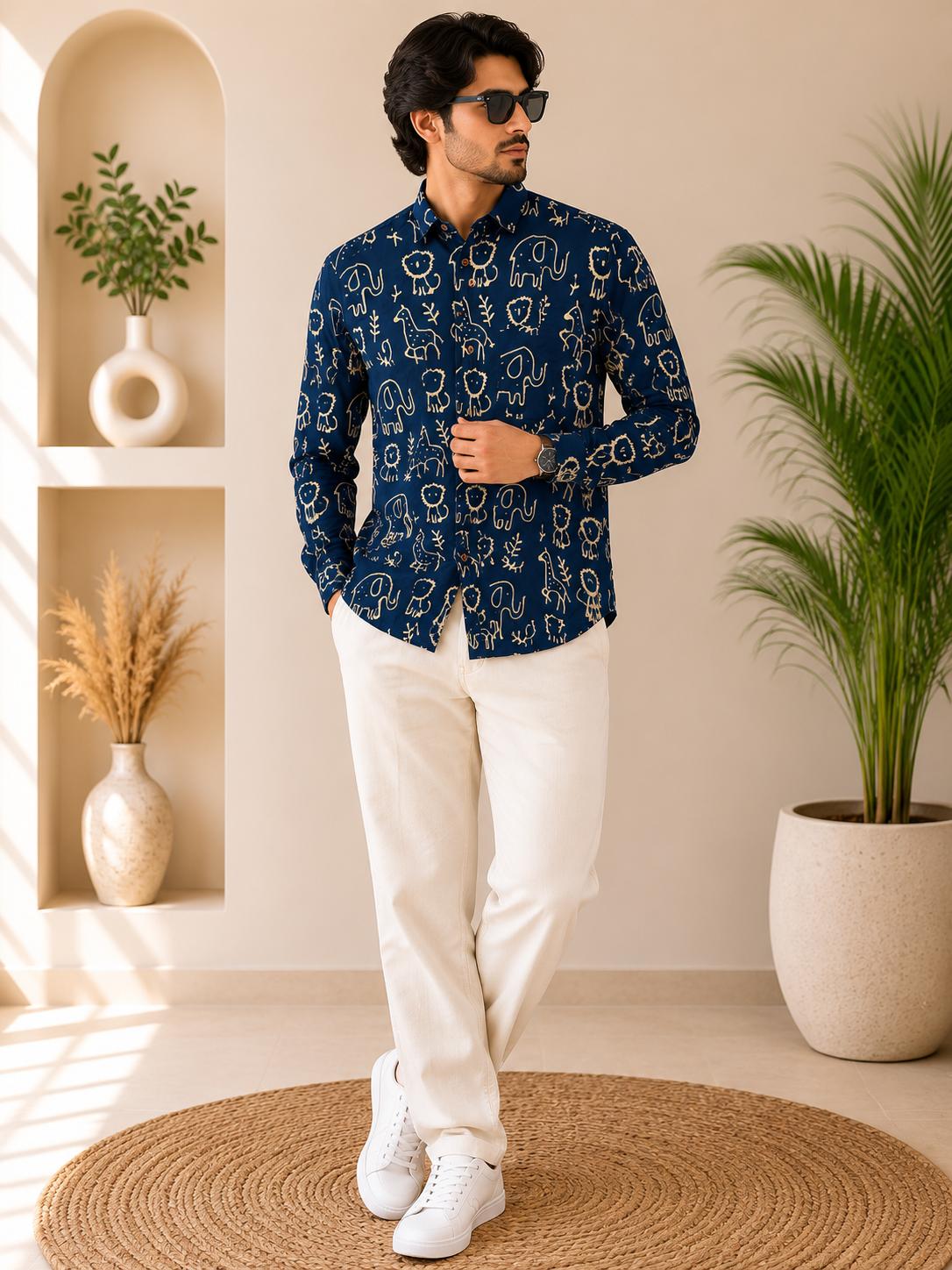 Men's Navy Blue Cream Wildlife Folk Art Sanganeri Block Print Full Sleeve Shirt