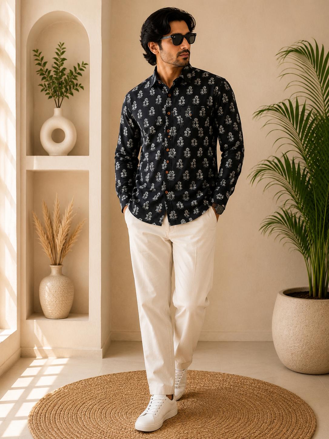 Men's Black Cream Small Floral Buti Sanganeri Block Print Full Sleeve Shirt