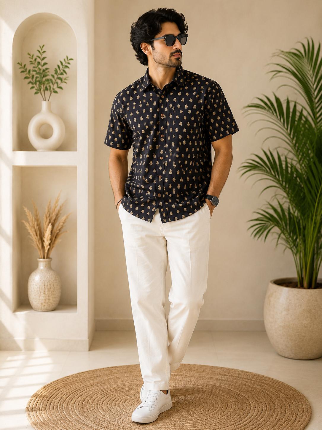 Men's Black Golden Beige Small Floral Buti Sanganeri Block Print Half Sleeve Shirt