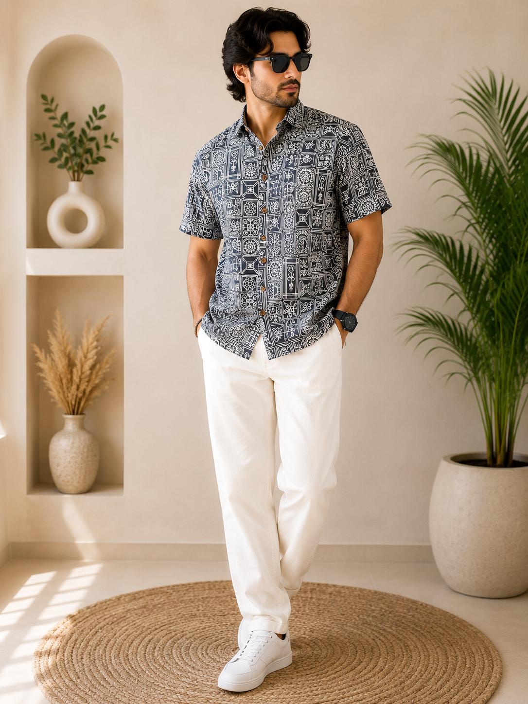 Men's Dark Navy Geometric Tile Sanganeri Block Print Half Sleeve Shirt