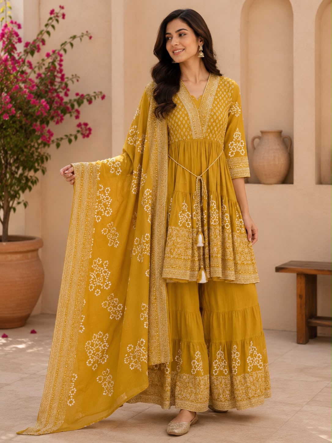 Mustard Yellow Bandhani Print Anarkali Sharara Suit Set