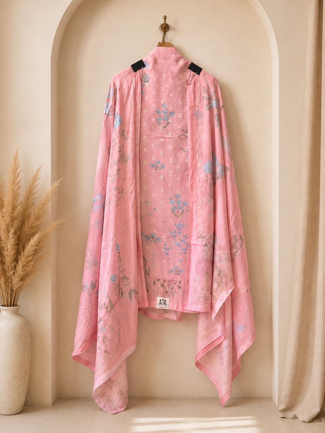 Luxurious unstitched baby pink suit crafted for sophisticated party wear