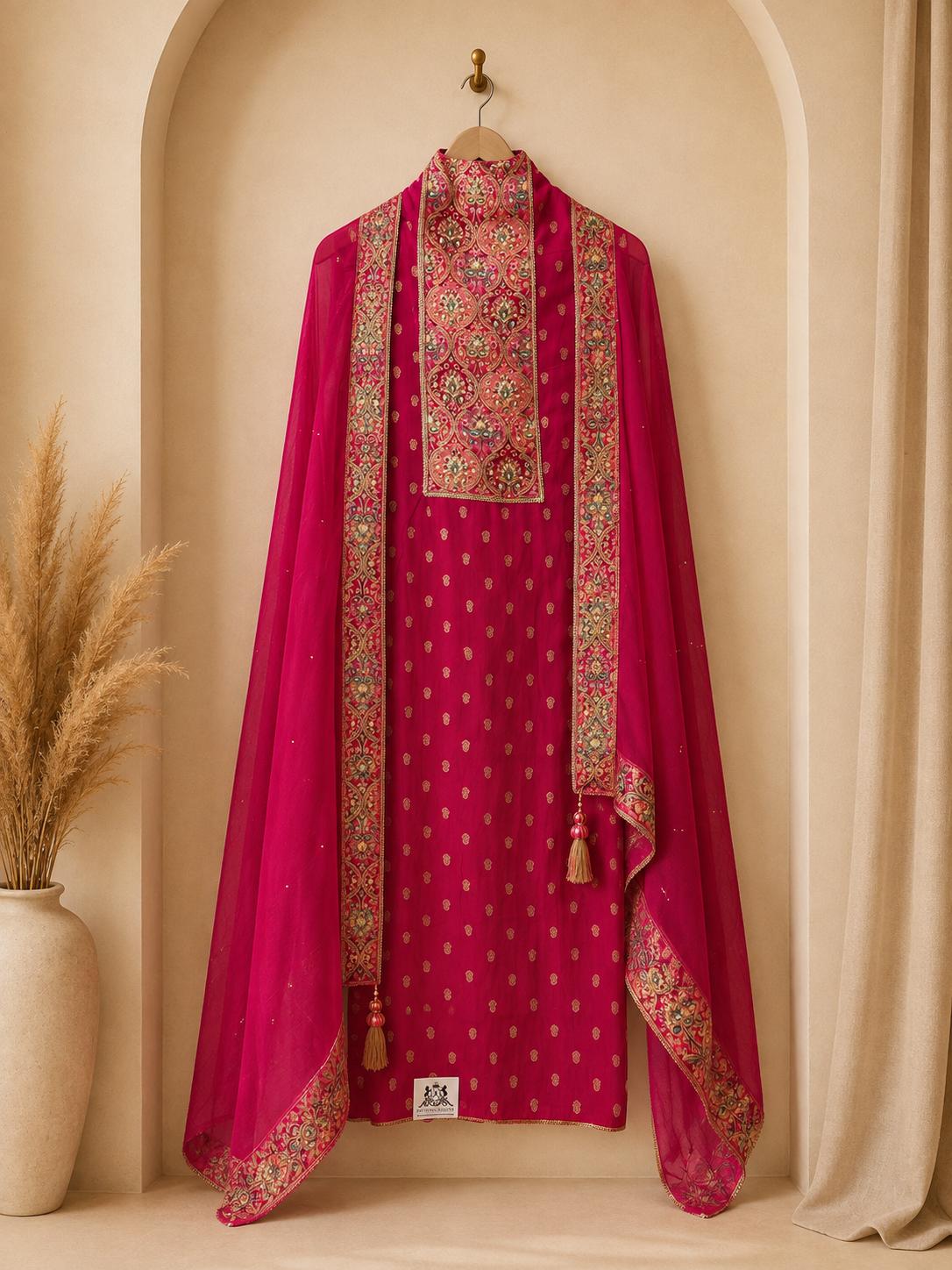Luxurious unstitched Rani pink suit crafted for sophisticated party wear