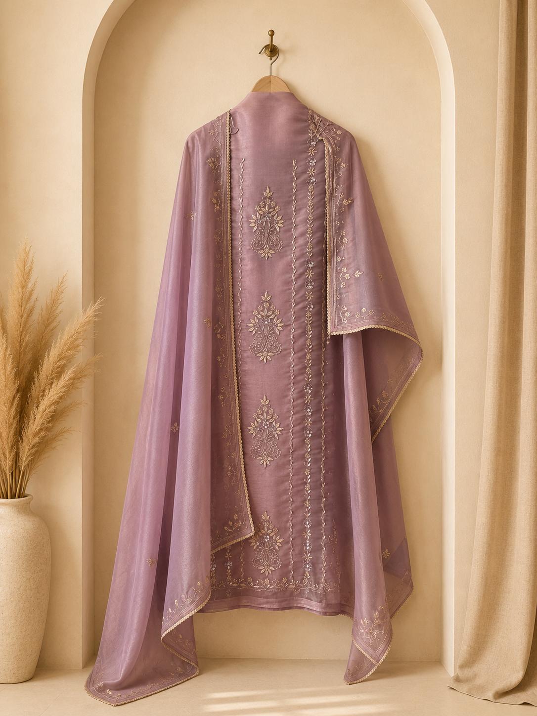 Luxurious unstitched Lavender suit designed for discerning celebrations