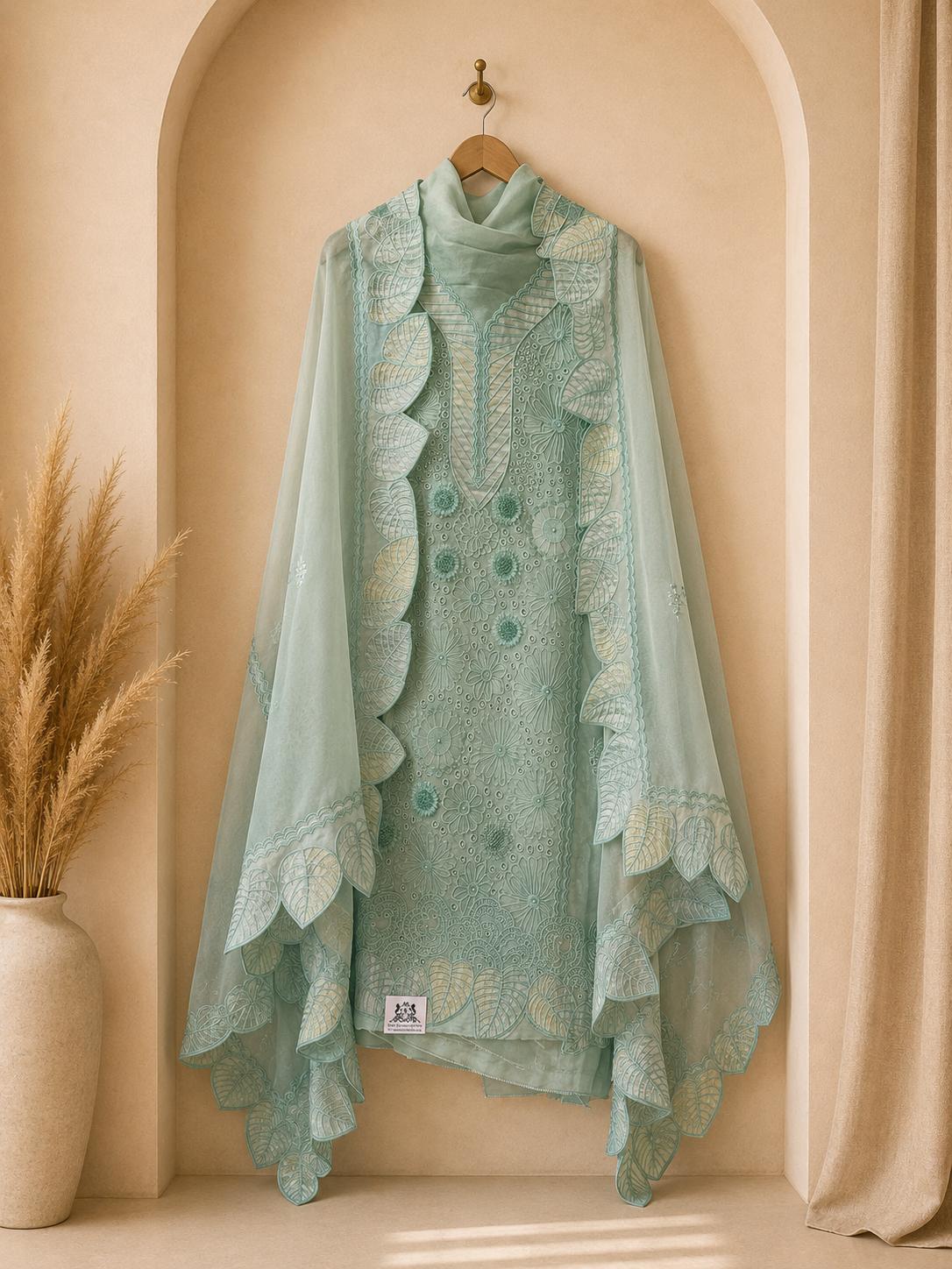 Luxurious unstitched sea green suit with leaf dupata designed for discerning celebrations