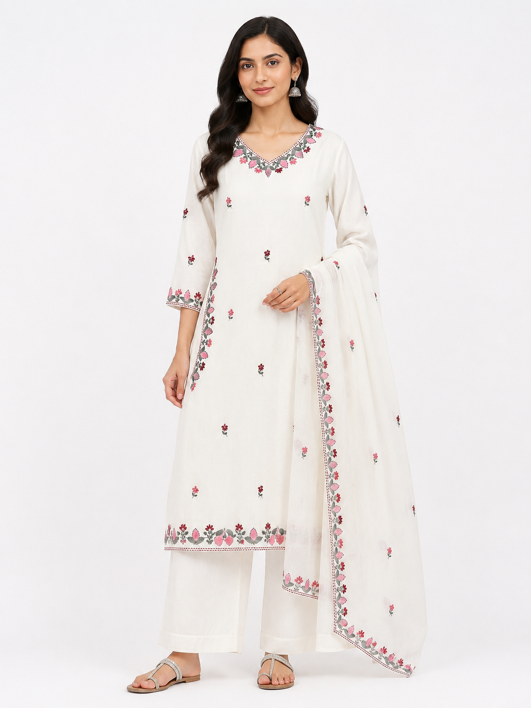 Ivory Floral Embroidered Cotton Suit Set with Dupatta for Women