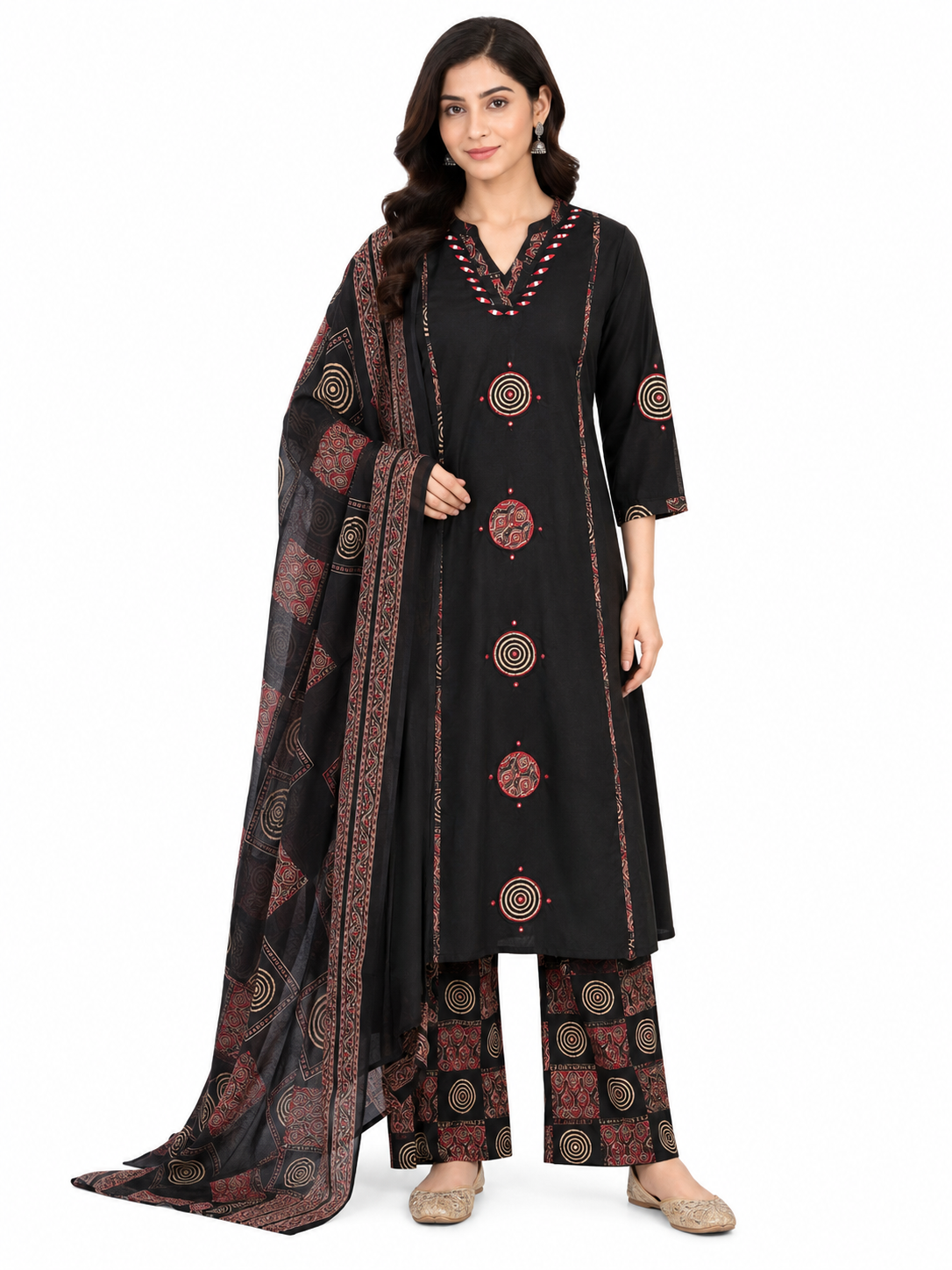 Black Ajrakh Inspired Printed Kurta Pant Set with Matching Dupatta