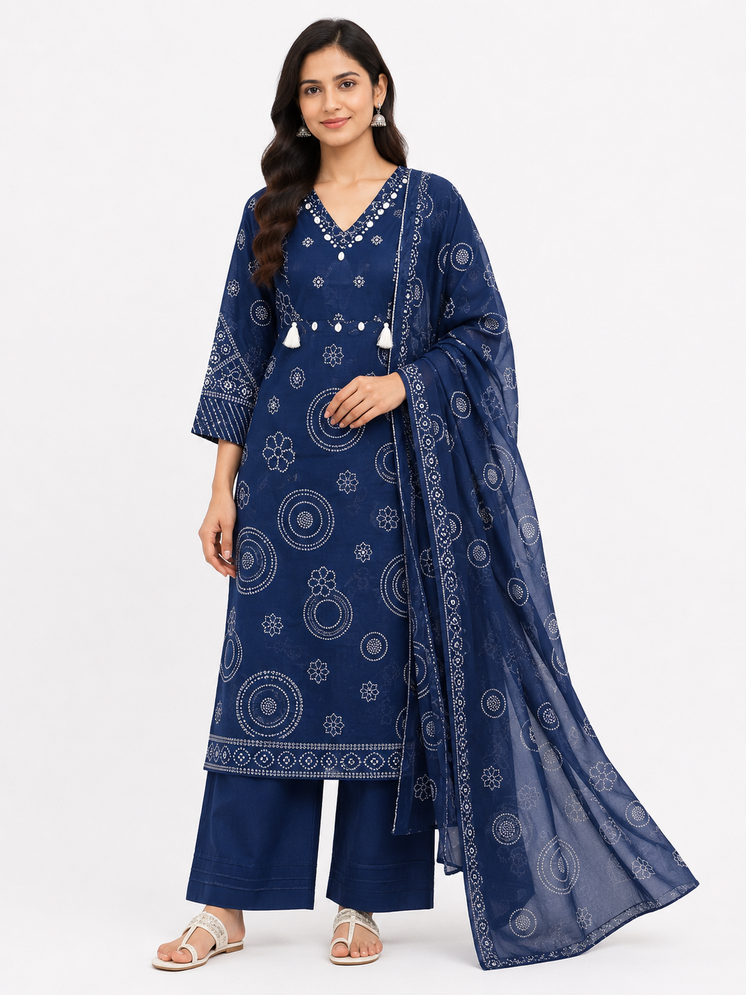Navy Blue Printed Cotton Suit Set with Dupatta for Women