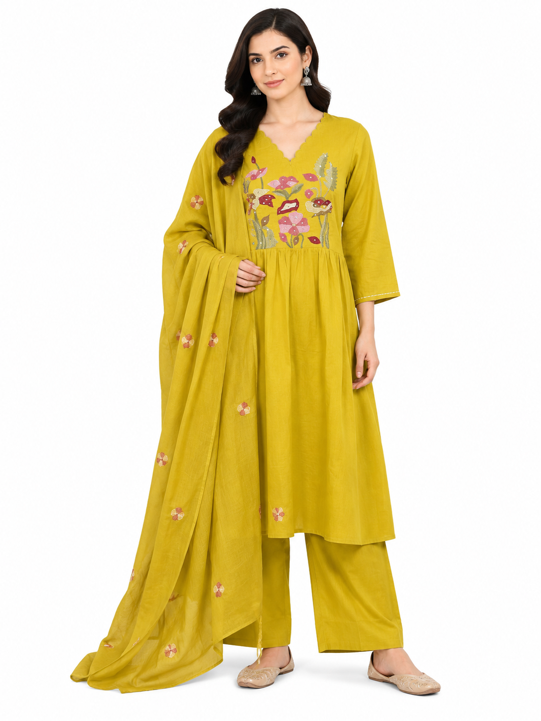 Mustard Yellow Floral Embroidered 3 Piece Suit Set with Dupatta