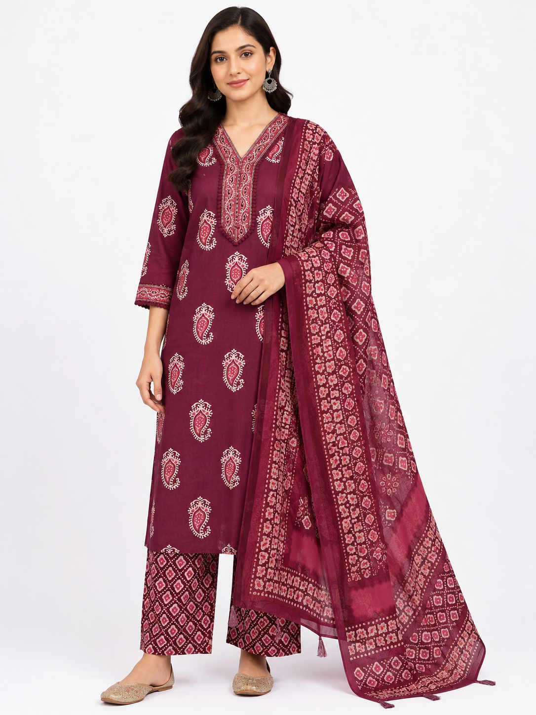 Maroon Hand Block Print Cotton Suit Set with Dupatta