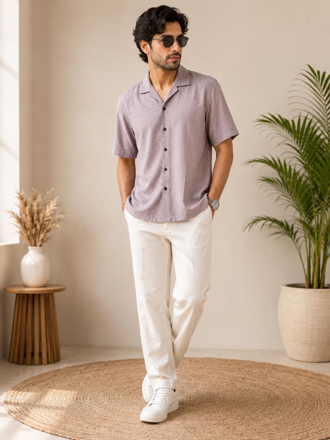 Men's Lavender Solid Linen Cuban Collar Half Sleeve Shirt
