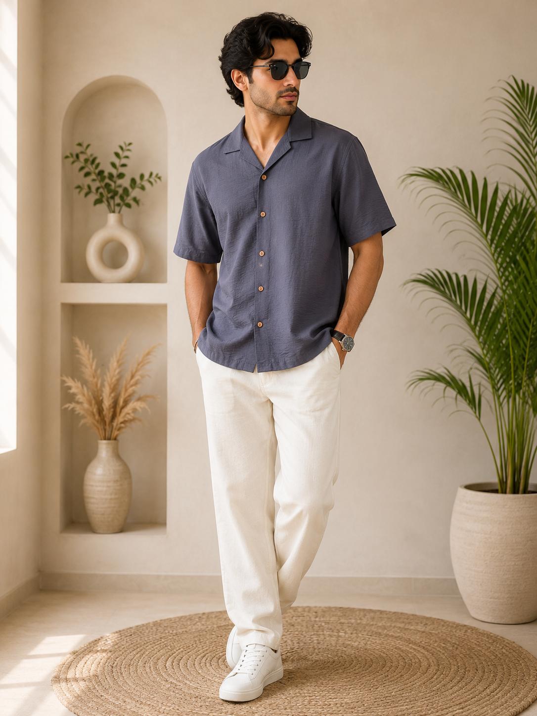 Men's Steel Blue Solid Linen Cuban Collar Half Sleeve Shirt