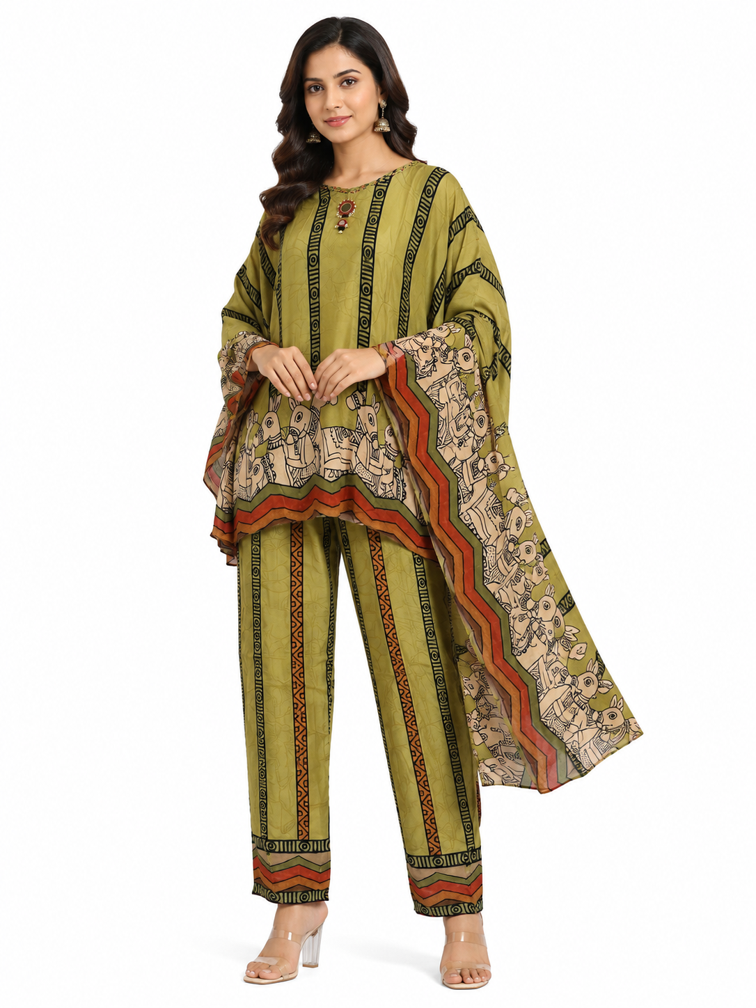 Olive Green Tribal Print Co-Ord Set for Women – Kaftan Style Top & Straight Pants