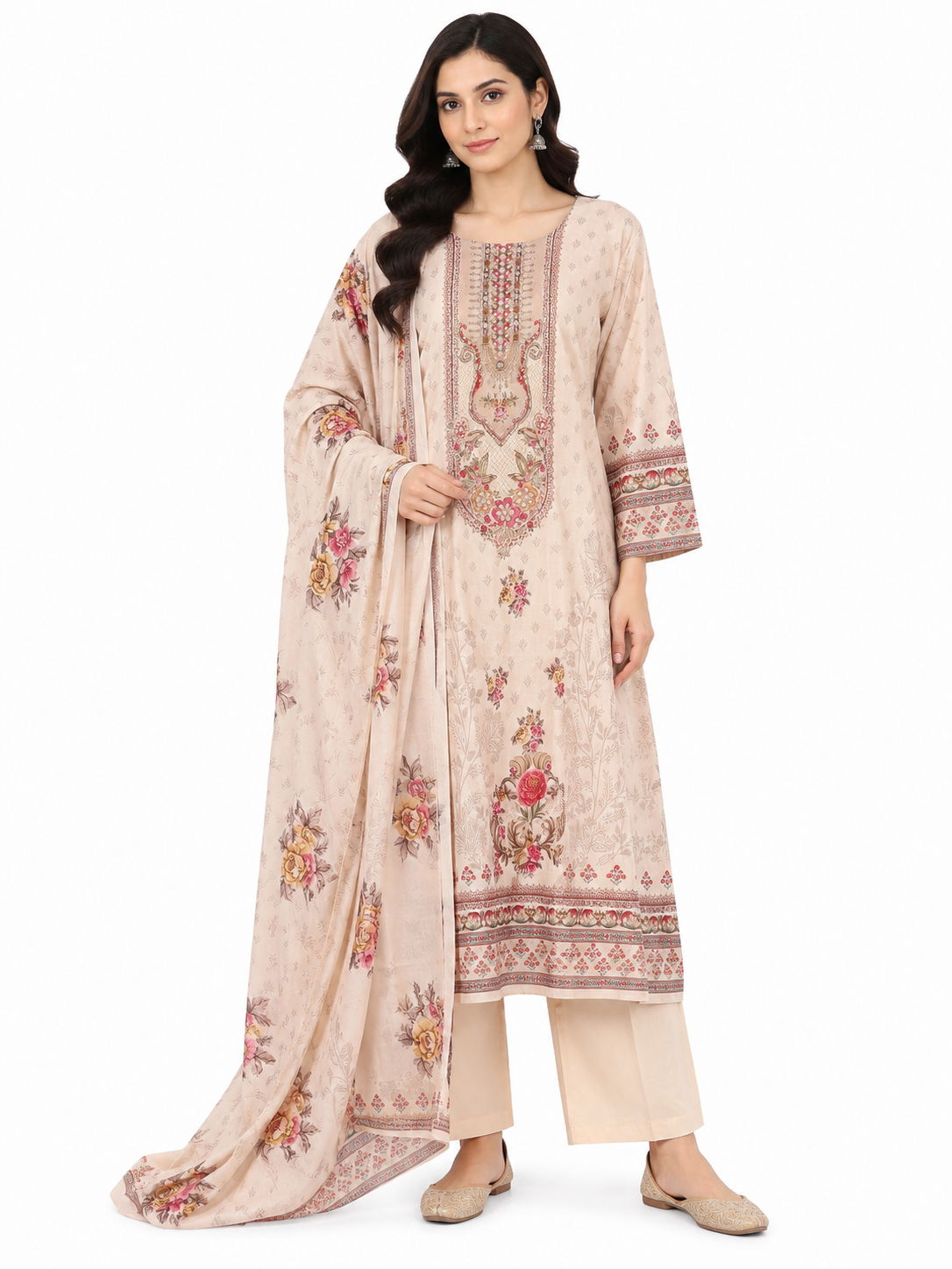 Blush Beige Floral Printed & Embroidered 3 Piece Suit Set with Dupatta