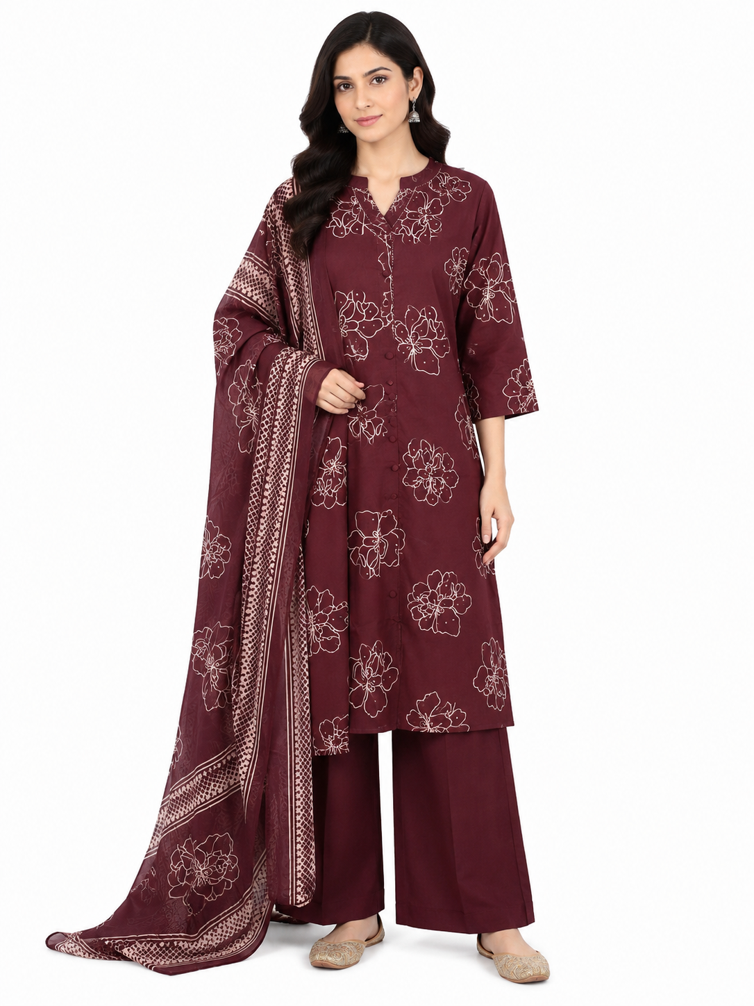 Maroon Floral Print Kurta Pant Set with Matching Dupatta