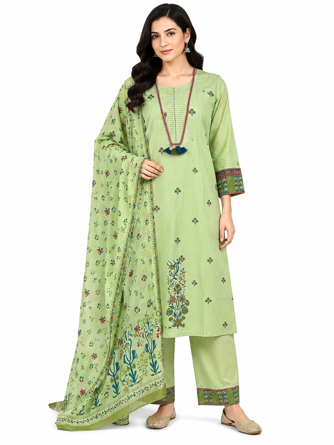 Mint Green Floral Printed Kurta Pant Set with Dupatta