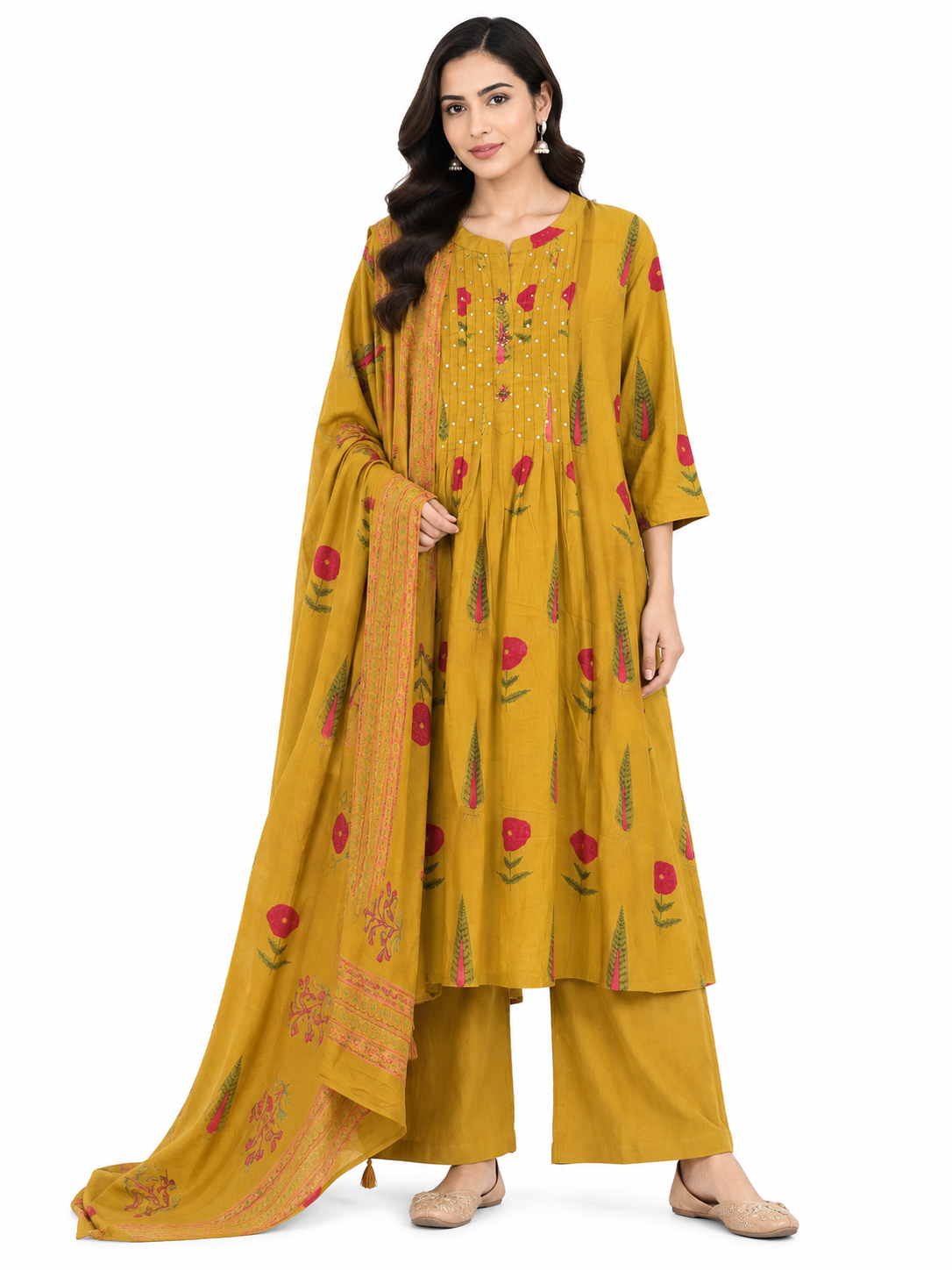 Mustard Floral Printed 3 Piece Lawn Suit with Matching Dupatta