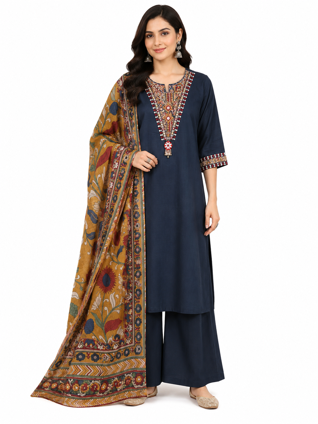 Midnight Blue Embroidered Kurta Set with Floral Printed Dupatta