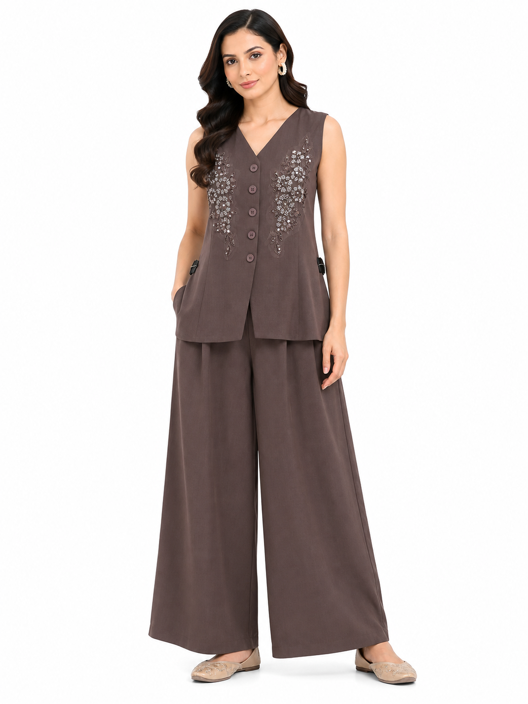 Chocolate Brown Embellished Co-Ord Set for Women