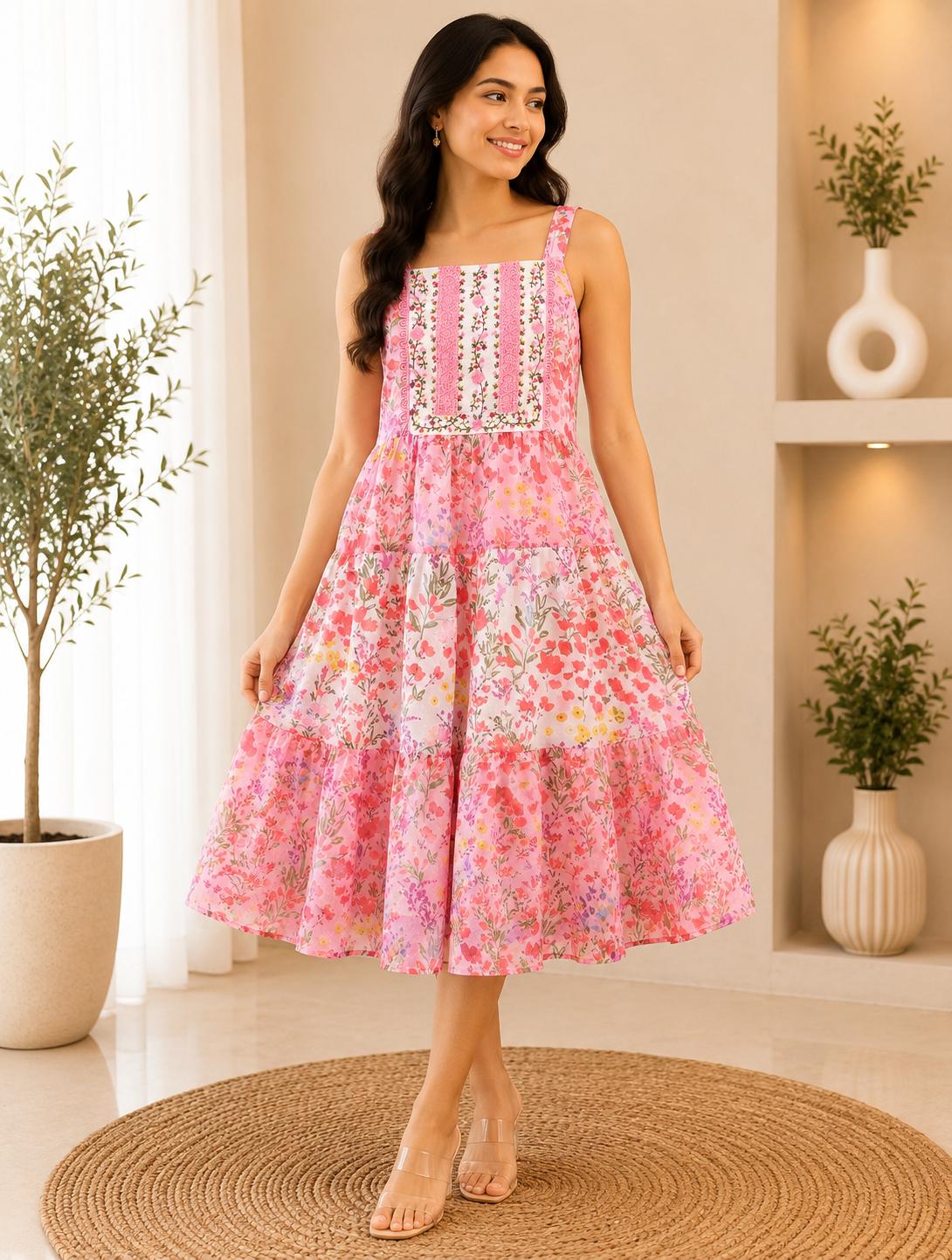 Pink Floral Tiered Sundress with Embroidered Square Yoke