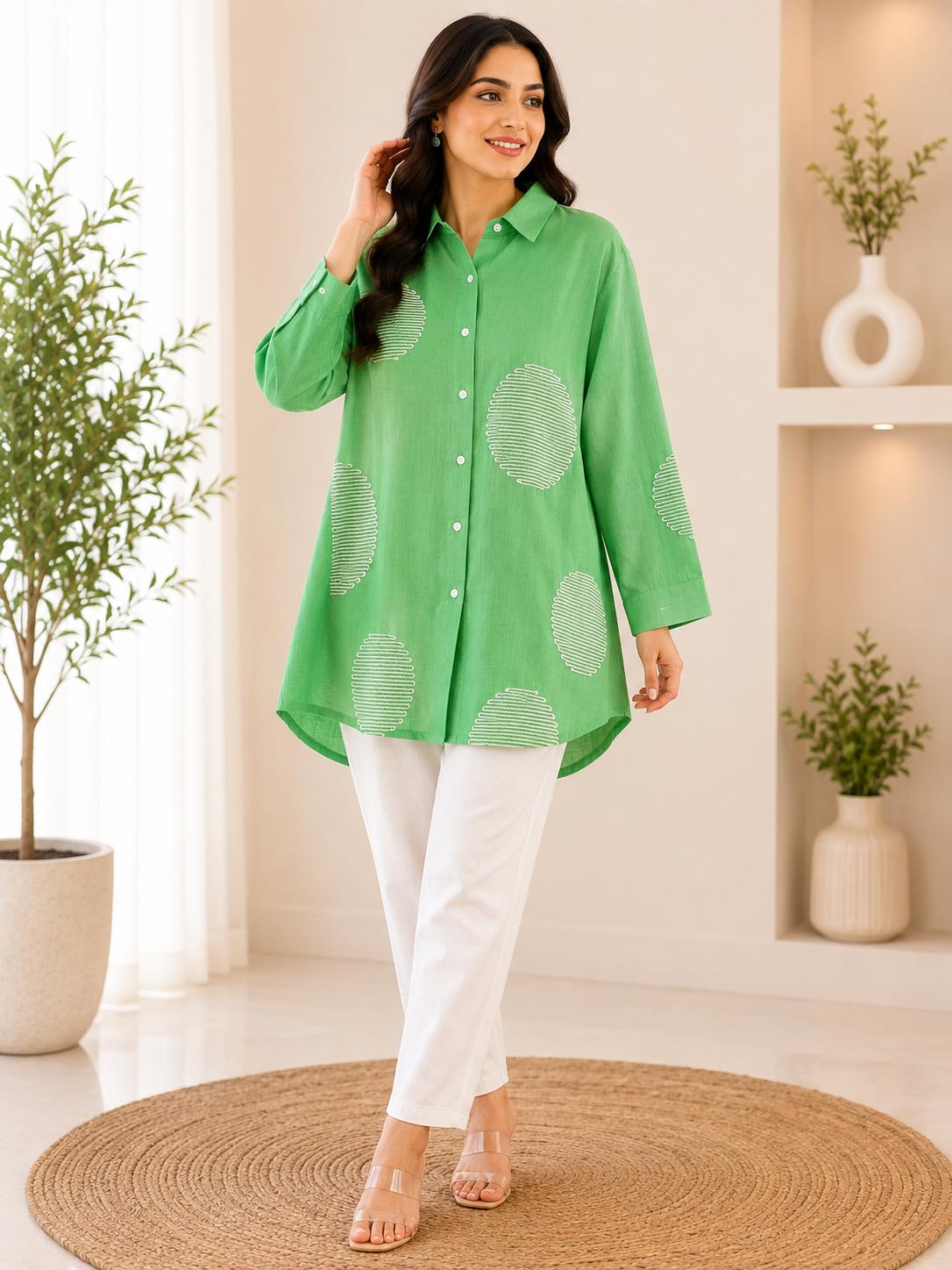 Mint Green White Circle Stitch Embroidered Relaxed Oversized Shirt