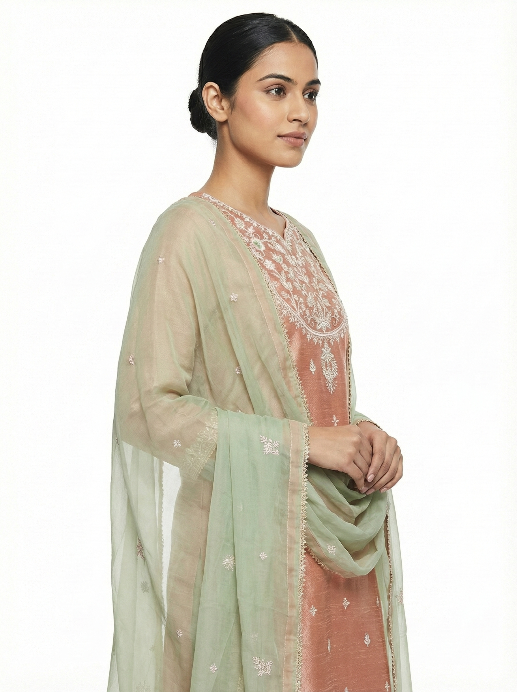 Dusty Peach Chanderi Embroidered Suit Set with Mint Dupatta