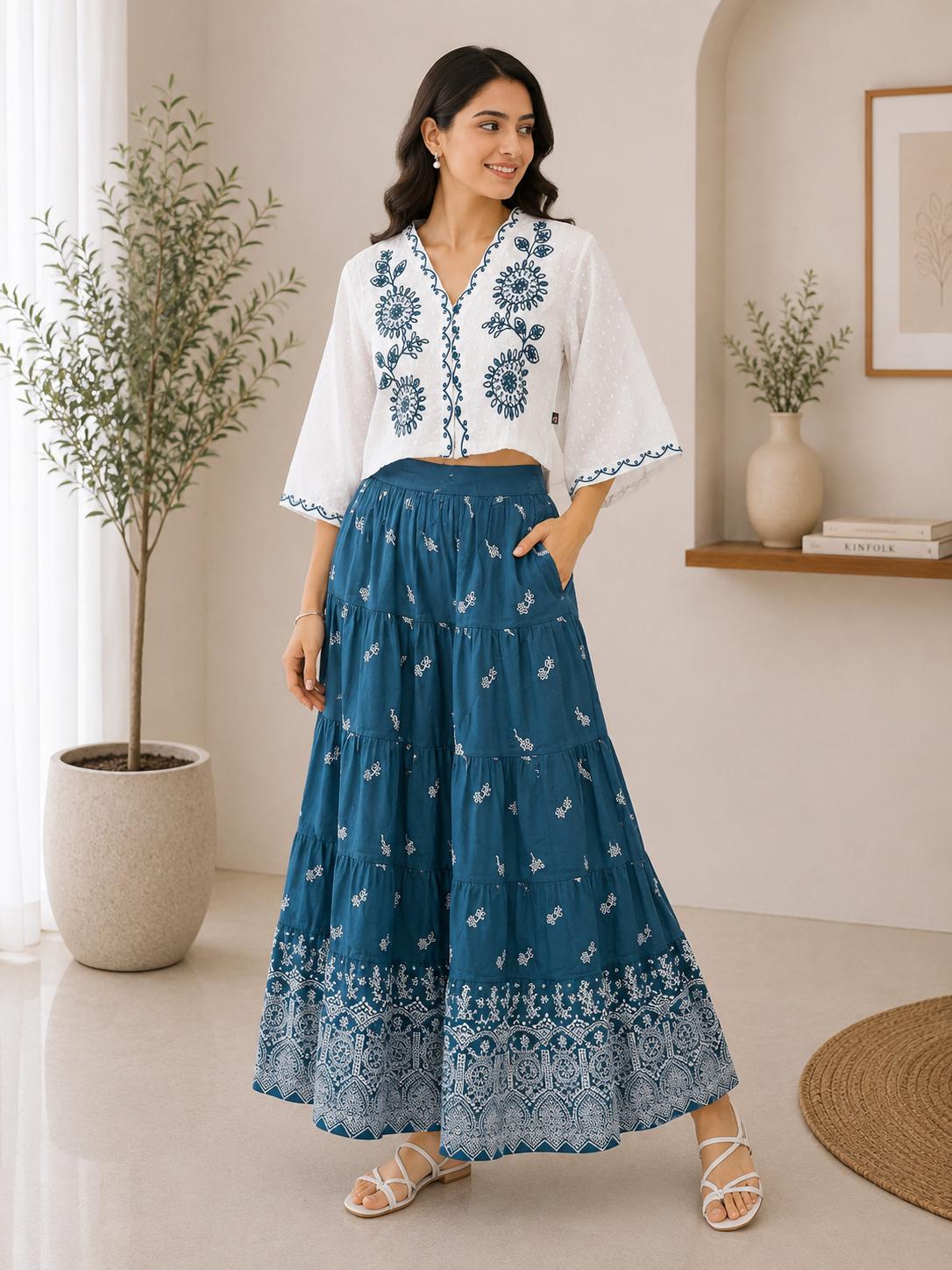 White Embroidered Crop Top & Teal Tiered Maxi Skirt Co-Ord Set