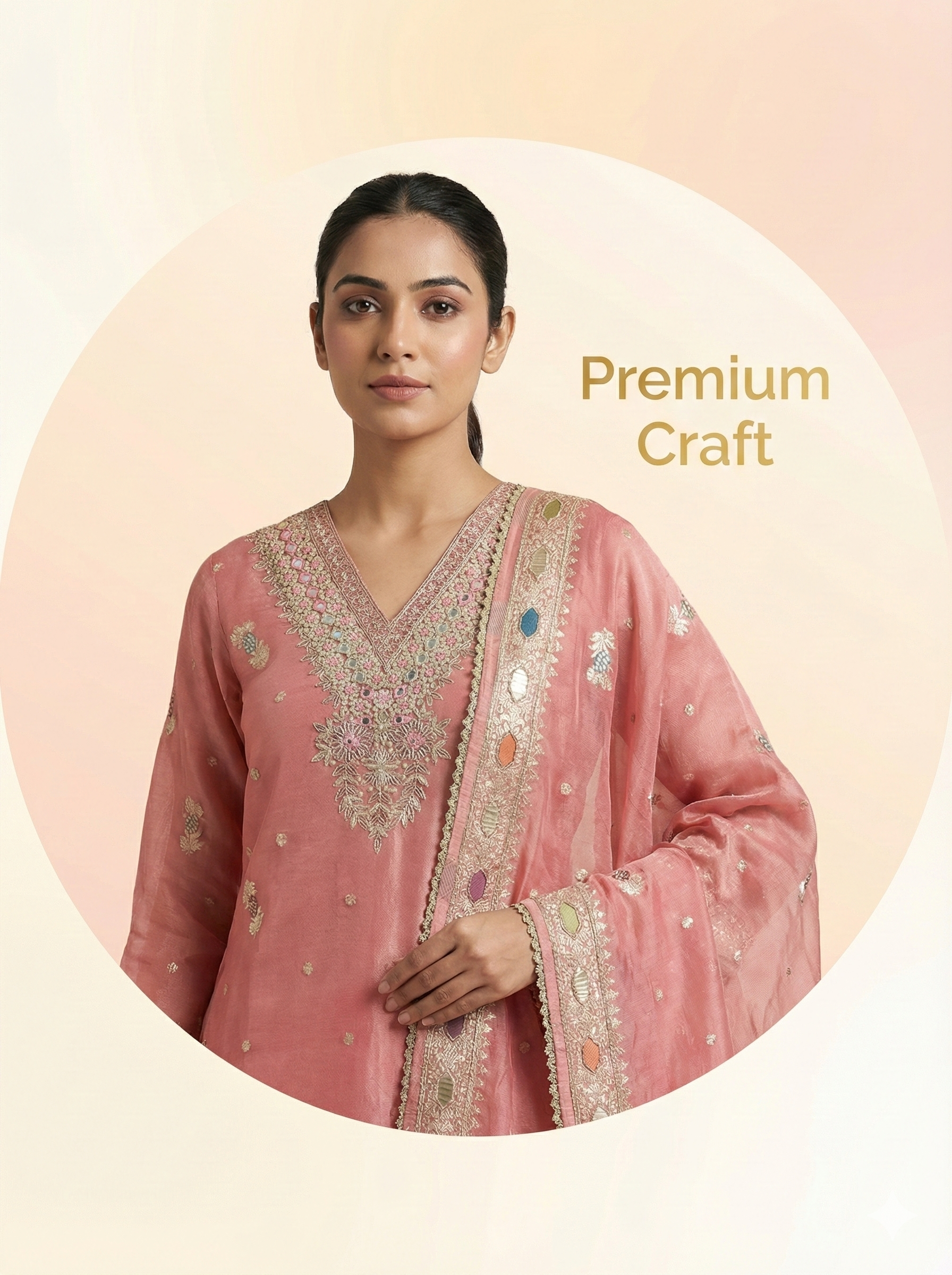 Blush Pink Embroidered Kurta Pant Dupatta Set for Women
