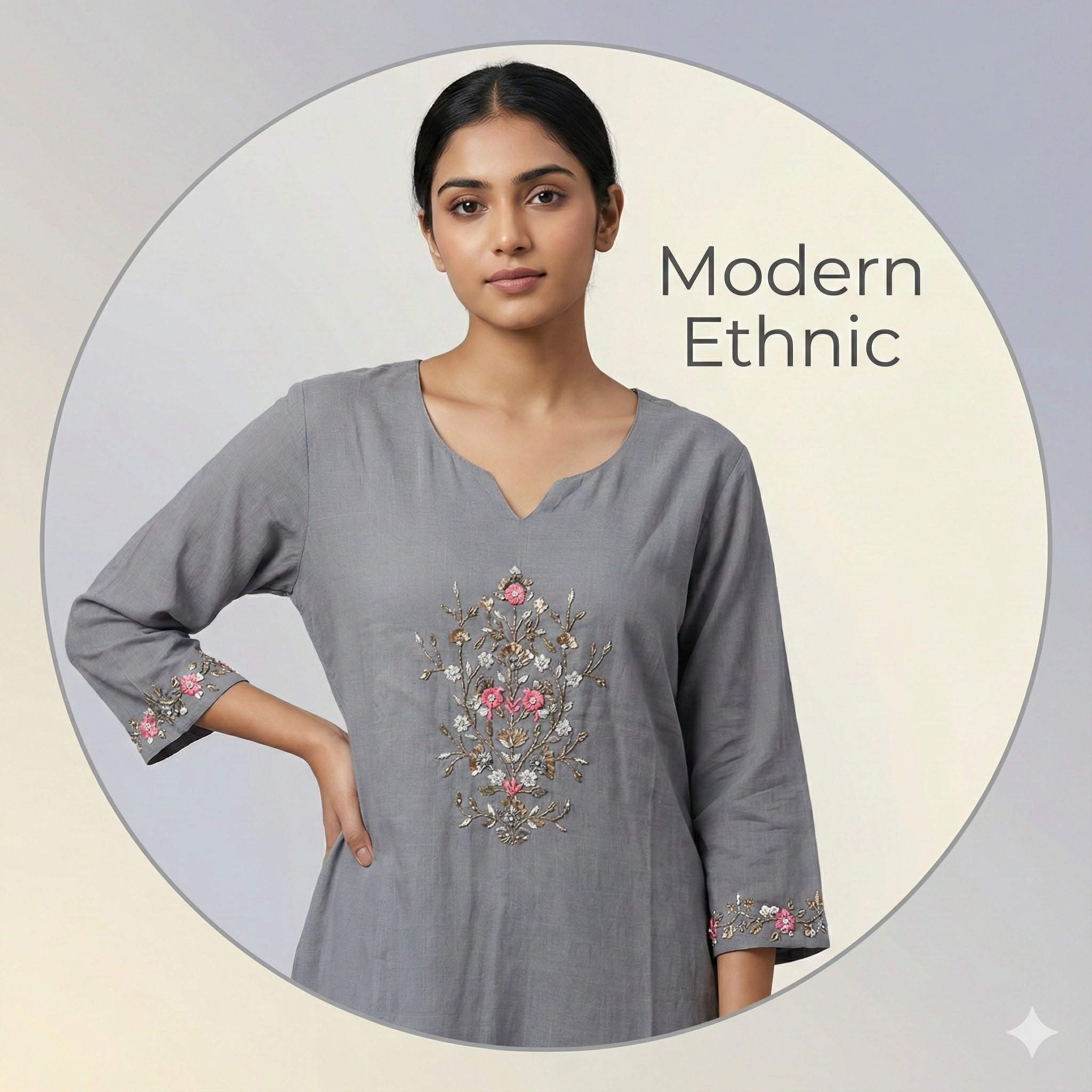 Charcoal Grey Floral Embroidered Ethnic Kurta