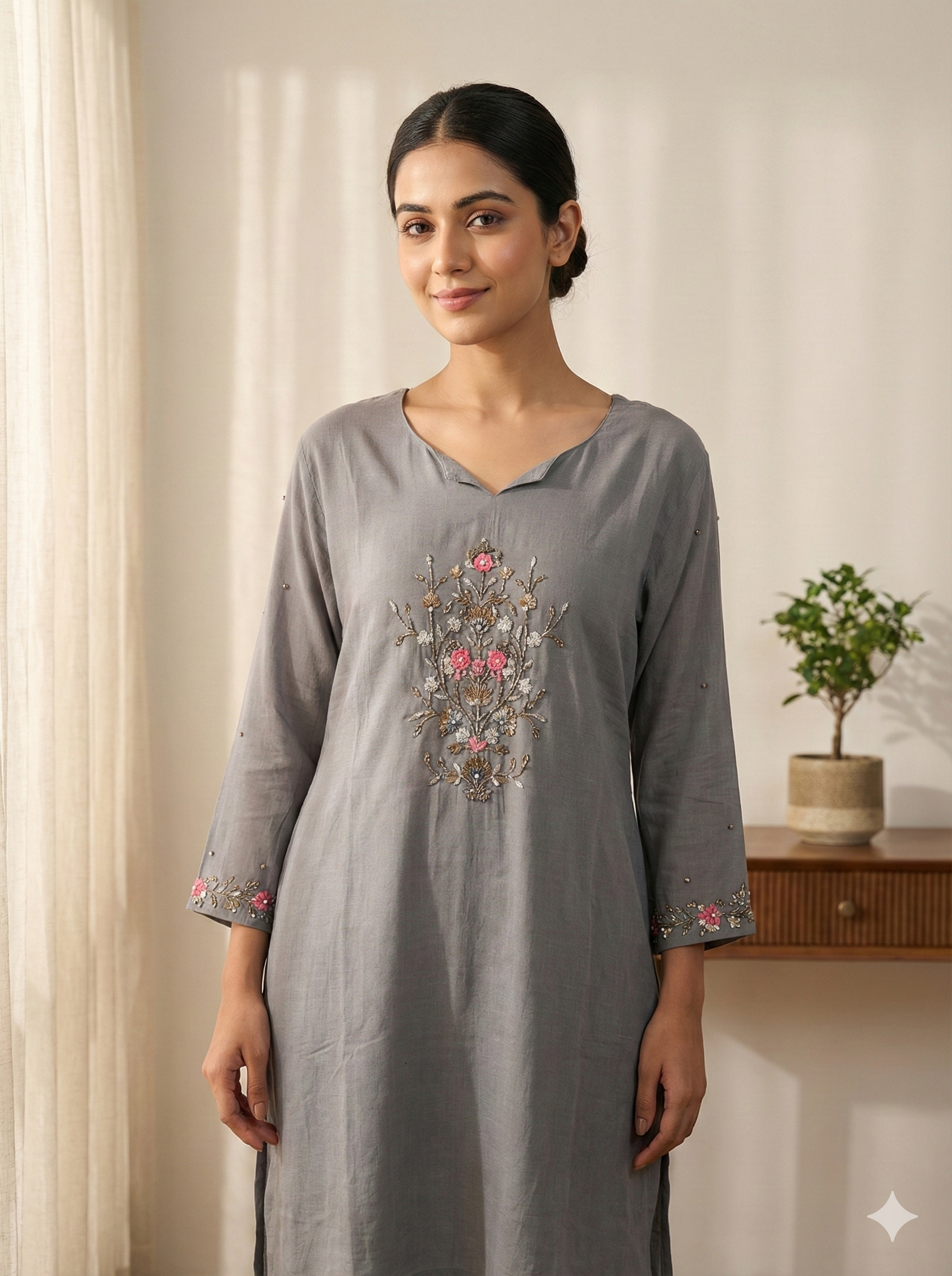 Charcoal Grey Floral Embroidered Ethnic Kurta