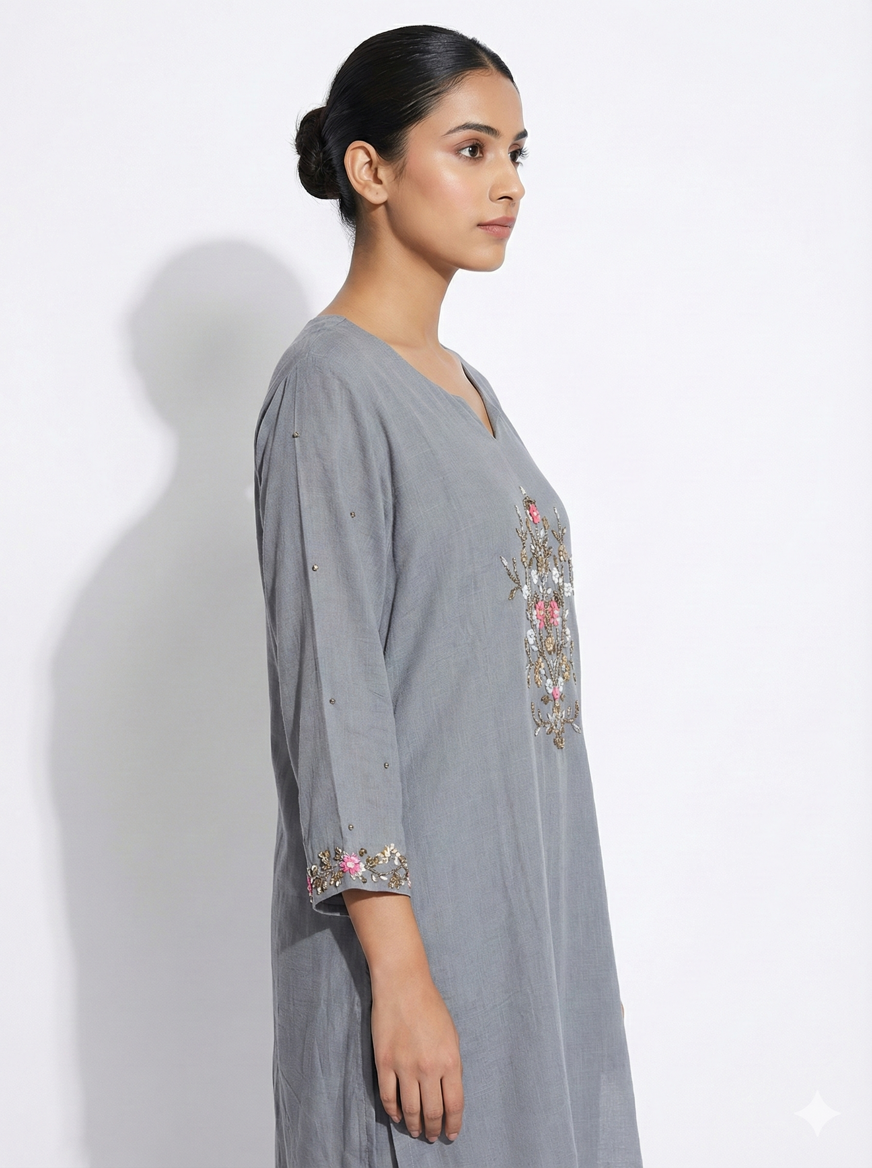 Charcoal Grey Floral Embroidered Ethnic Kurta