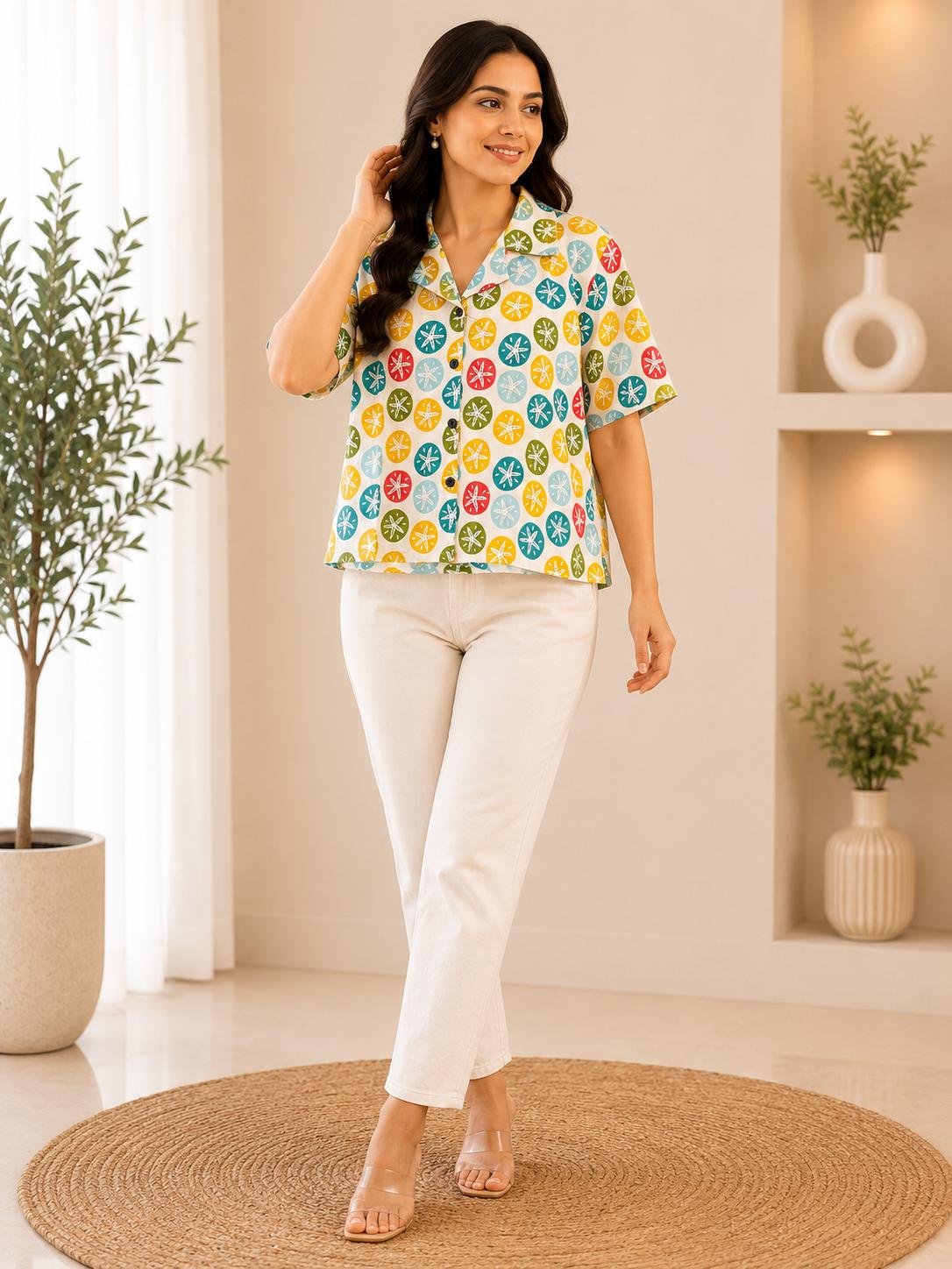 White Multicolour Circle Medallion Block Print Cuban Collar Crop Top