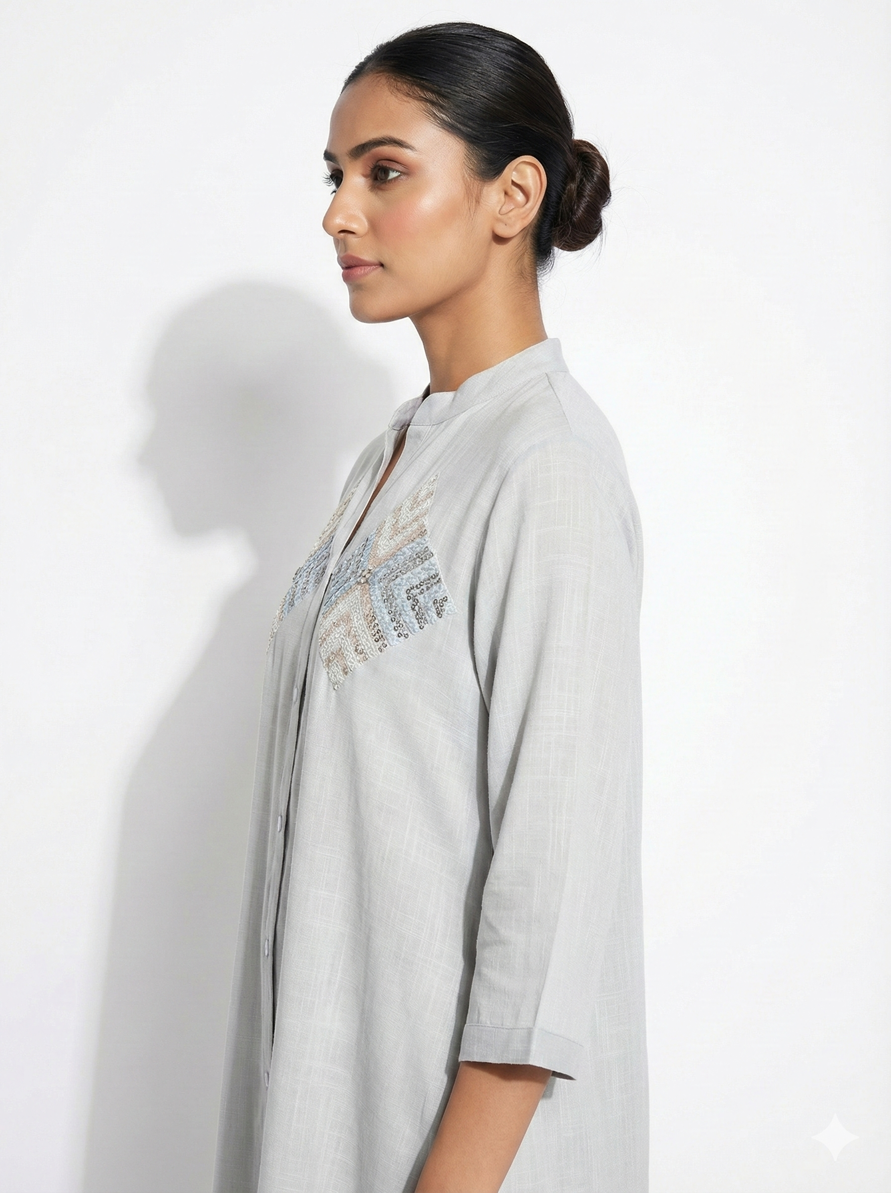 Soft Grey Button Front Embroidered Kurta for Women