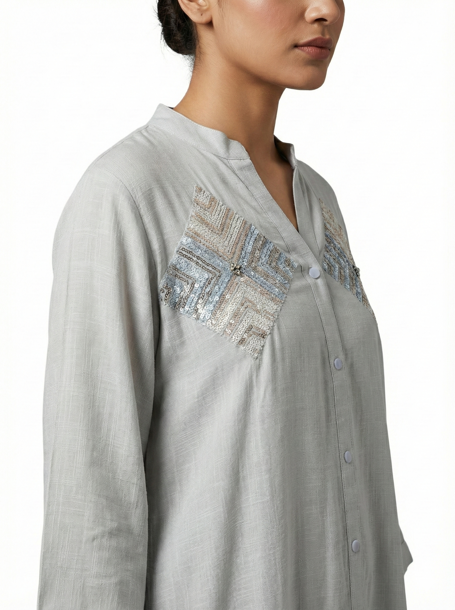Soft Grey Button Front Embroidered Kurta for Women