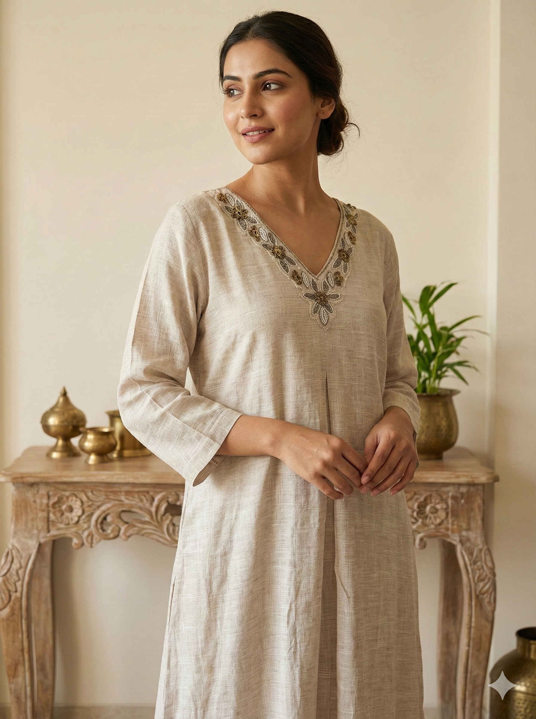 Beige Embroidered V Neck Ethnic Kurta for Women