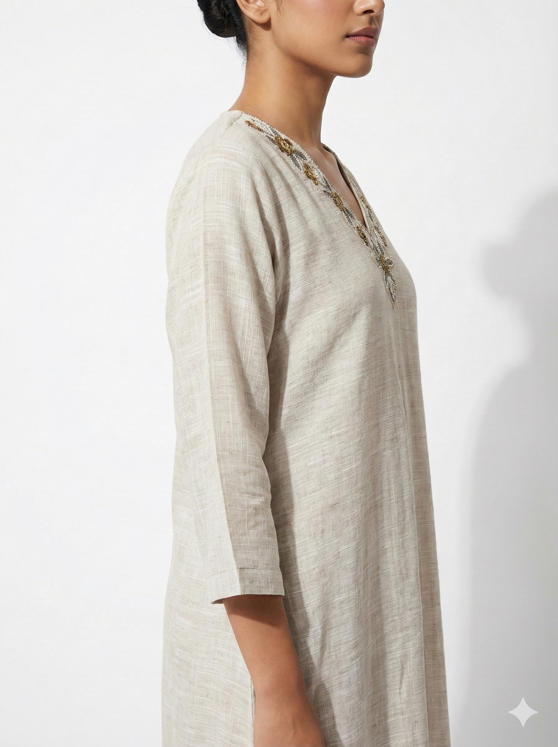 Beige Embroidered V Neck Ethnic Kurta for Women