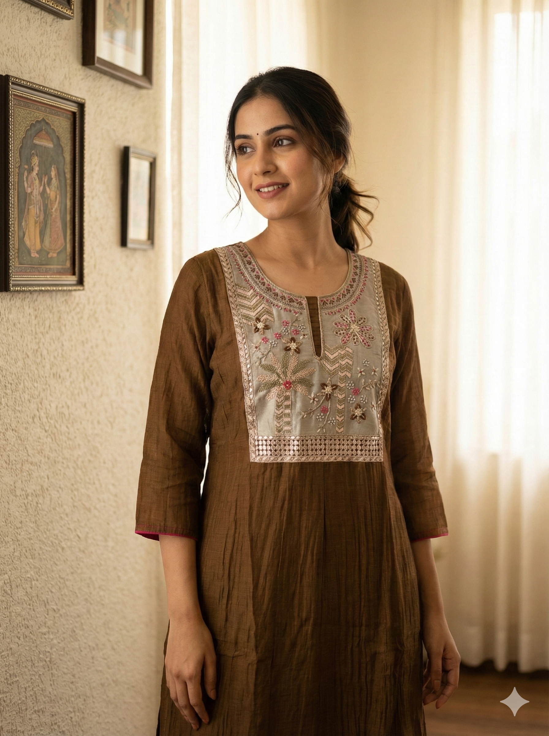 Linen Cotton Kurta with Diamond Motif Embroidery