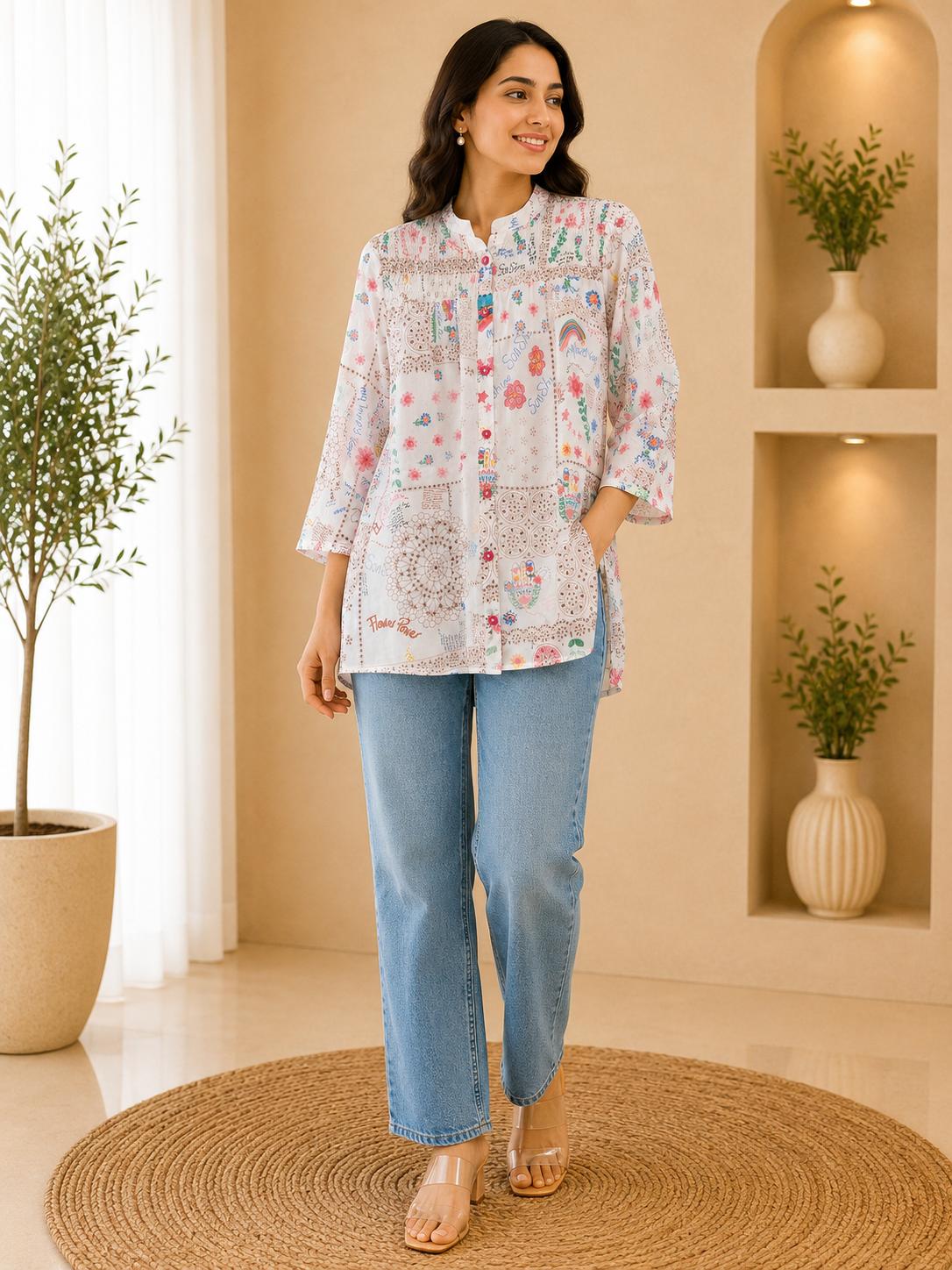 White Graffiti Doodle Print Pintuck Mandarin Collar Tunic Top