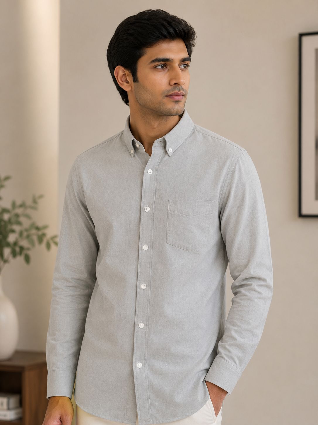 Stone Beige Cotton Formal Shirt