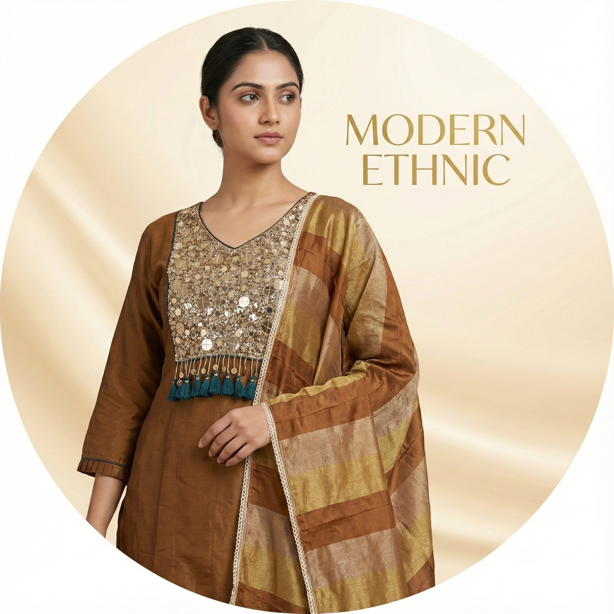 Bronze Embroidered Ethnic Suit Set with Designer Dupatta