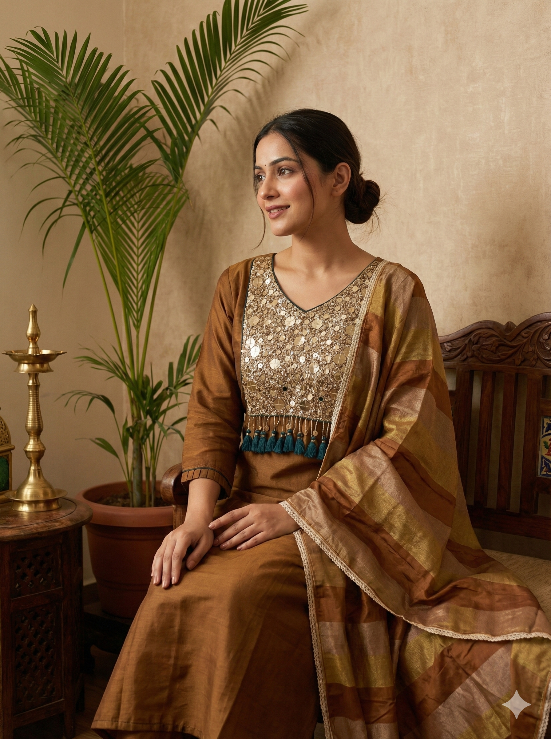 Bronze Embroidered Ethnic Suit Set with Designer Dupatta